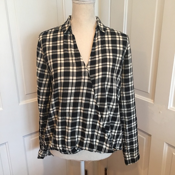 MADEWELL PLAID BLACK WRAP FRONT BLOUSE LARGE - Picture 2 of 6